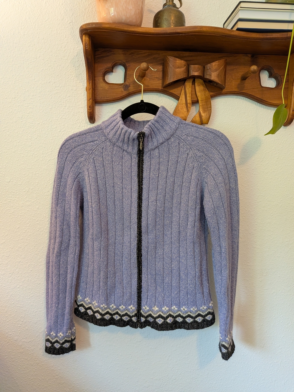 Lilac Ribbed Zip-Up Sweater with Fair Isle Trim